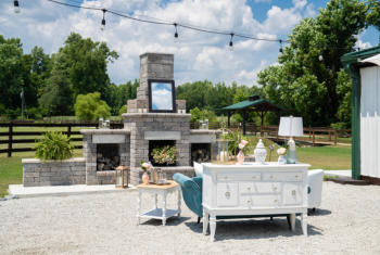 The Patio Fireplace at English Country Barn